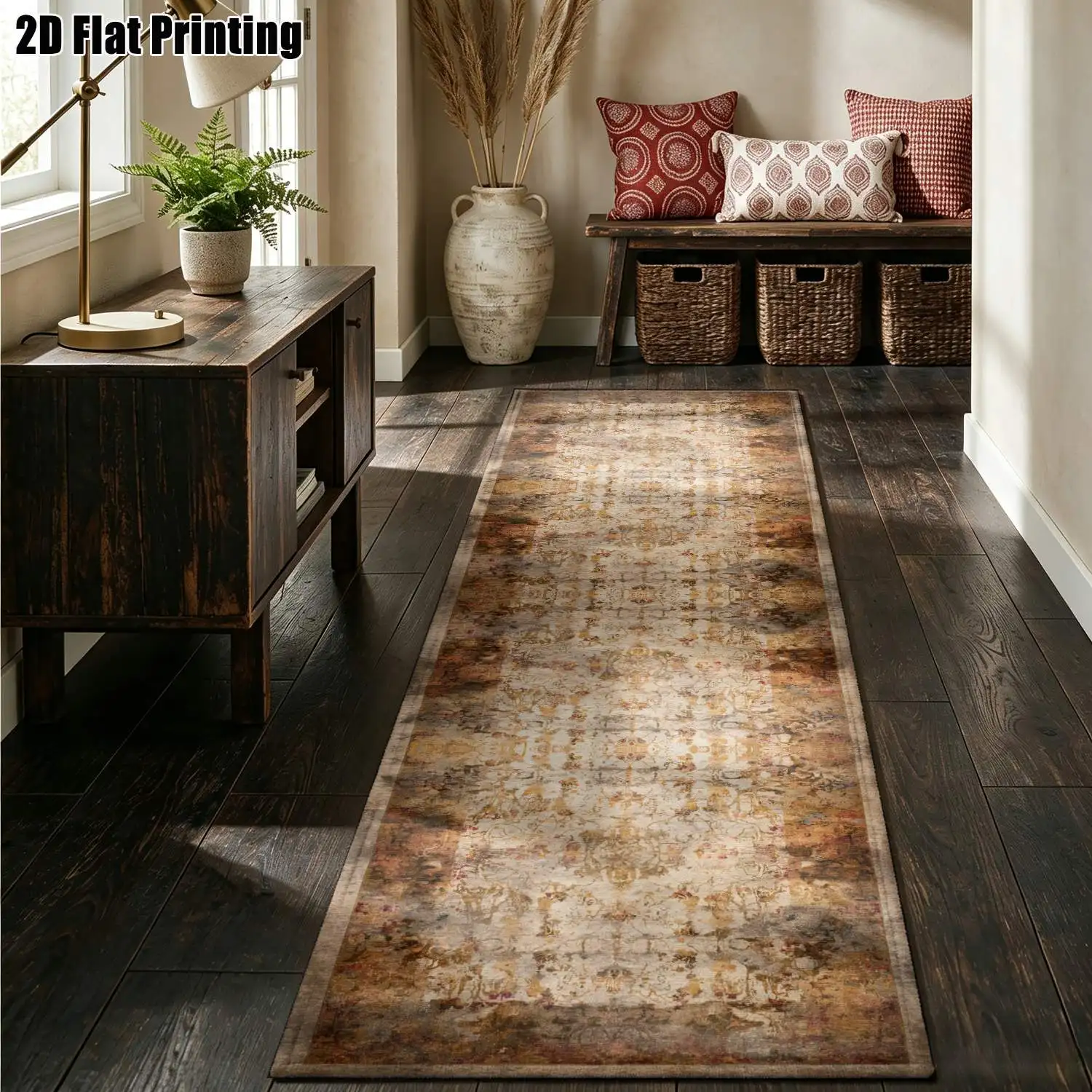 1Pc 2D Printed Long Strip Rug: Retro Brown-Yellow Geometric Pattern, European/Bohemian Style, Machine Washable, Multi-Size, Ideal for Entrance, Corridor, Bedroom, Living Room Home Decor