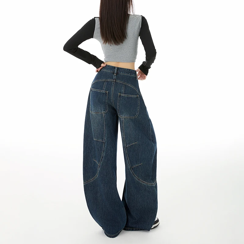 Calça jeans cargo solta feminina, vintage, azul, perna larga, machete, peso pesado, algodão lavado, casual, diária, streetwear