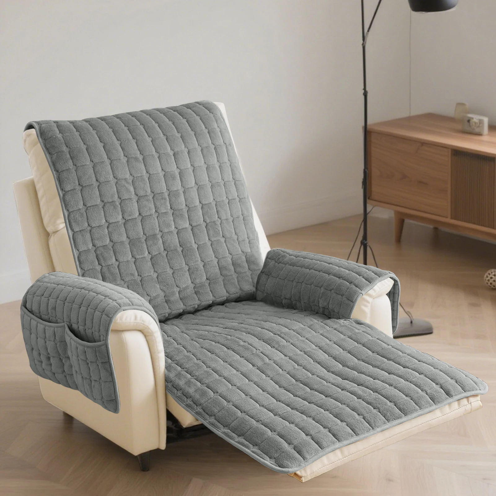 Quilted Recliner Sofa Cover Waterproof Armchairs Slipcovers Dogs Pets Kids Anti-Slip with Side Pockets Elastic Strap Protector