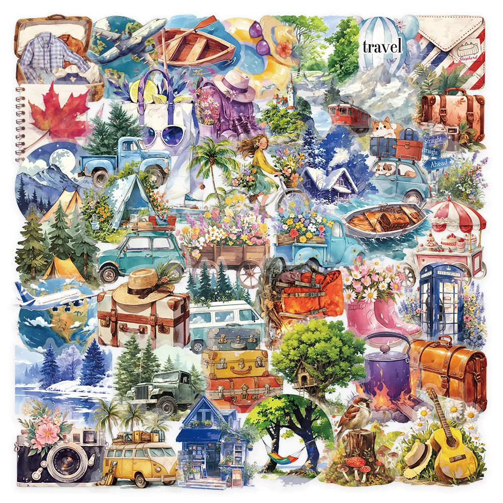 

50PCS Outdoor Travel Graffiti Stickers Watercolor Style Travel Camping Scenery Creative Decoration Mobile Stickers Toy Gifts