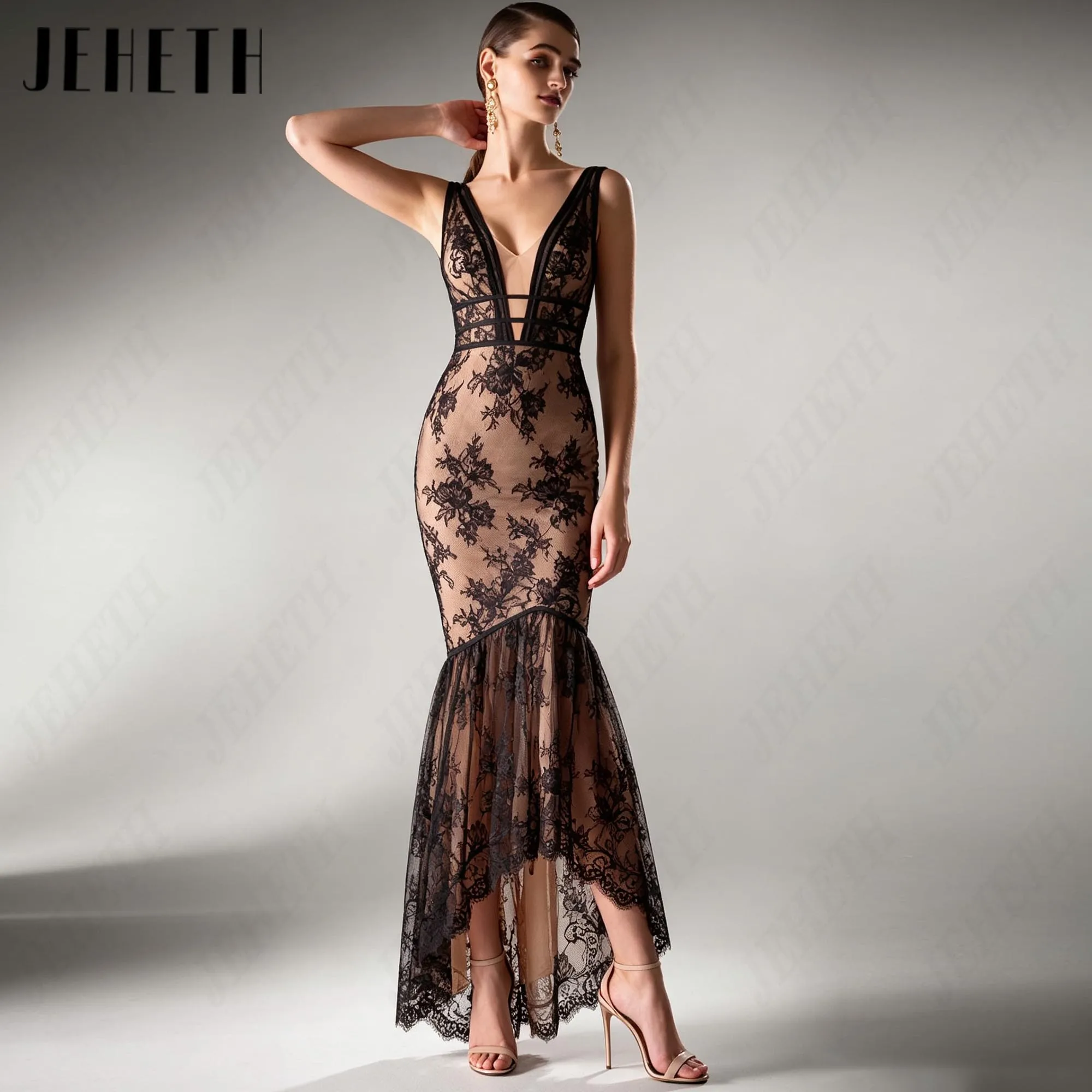 JEHETH Flower Tulle Illusion Luxury Prom Gowns High Low Mermaid Red Carpet Dresses Deep-V Tank Pageant Dress Custom Made 2026