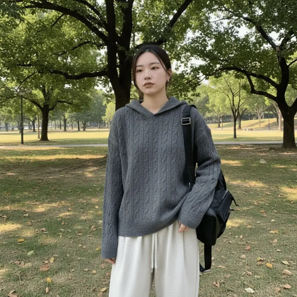 

Spring Autumn Long Sleeve Knitted Hoodies Pullover Loose Hooded Sweatshirts Simple Casual Hooded Knitted Sweater Women