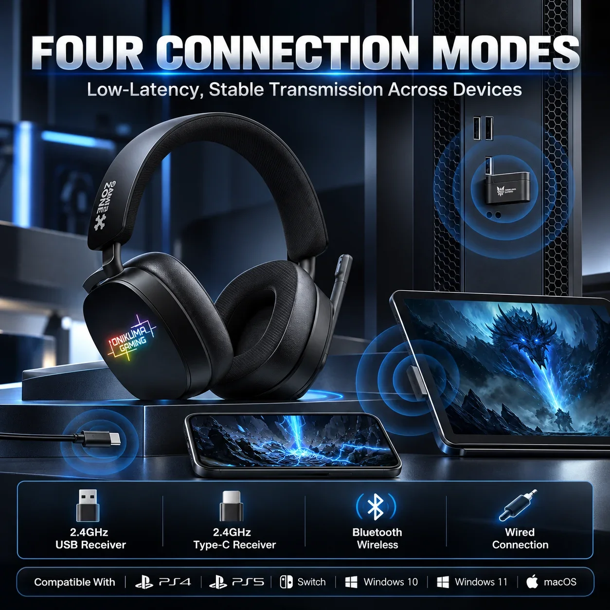 ONIKUMA GT812 Wireless Gaming Headset 2.4G Low Latency 50mm Driver RGB Headphones With Mic For PC PS5 Switch Phone Laptop PS4