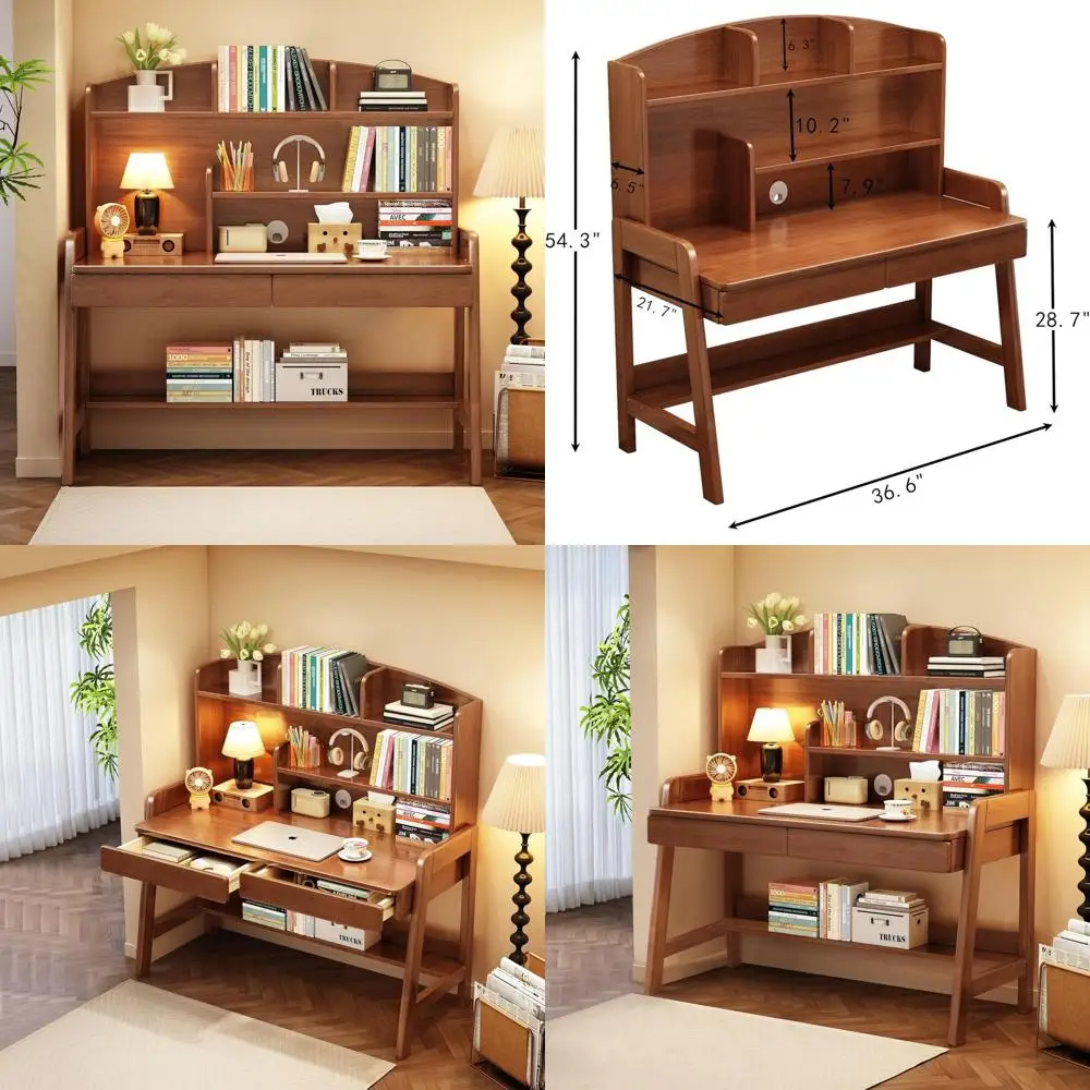 

Деревянный детский учебный стол с книжной полкой и двумя ящиками, коричневый - идеально подходит для учебы, письма и работы за компьютером