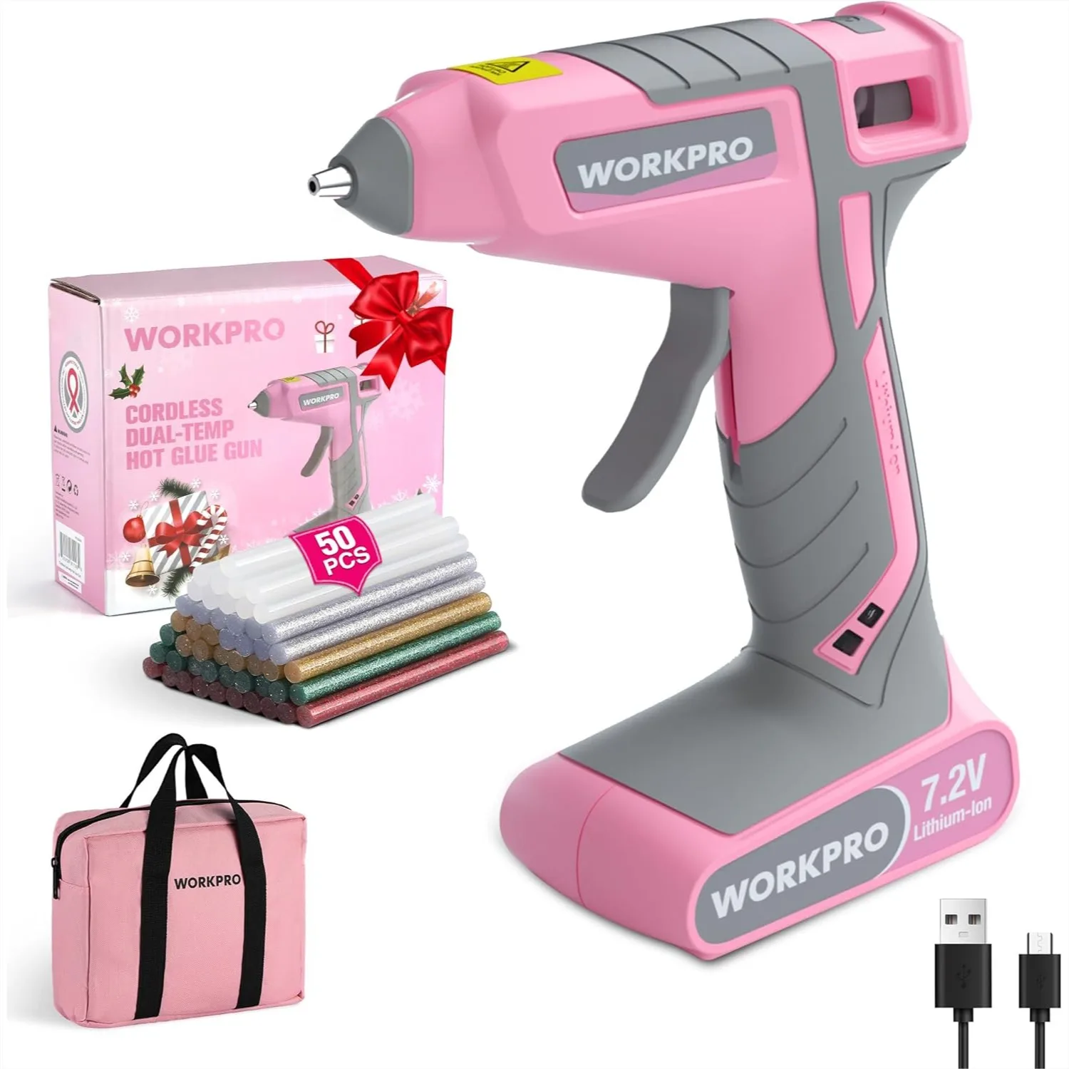 

Cordless Hot Glue Gun, 7.2V Rechargeable with 50 Glue Sticks & Storage Bag, 2600mAh Type-C, Dual-Temp for DIY Crafts