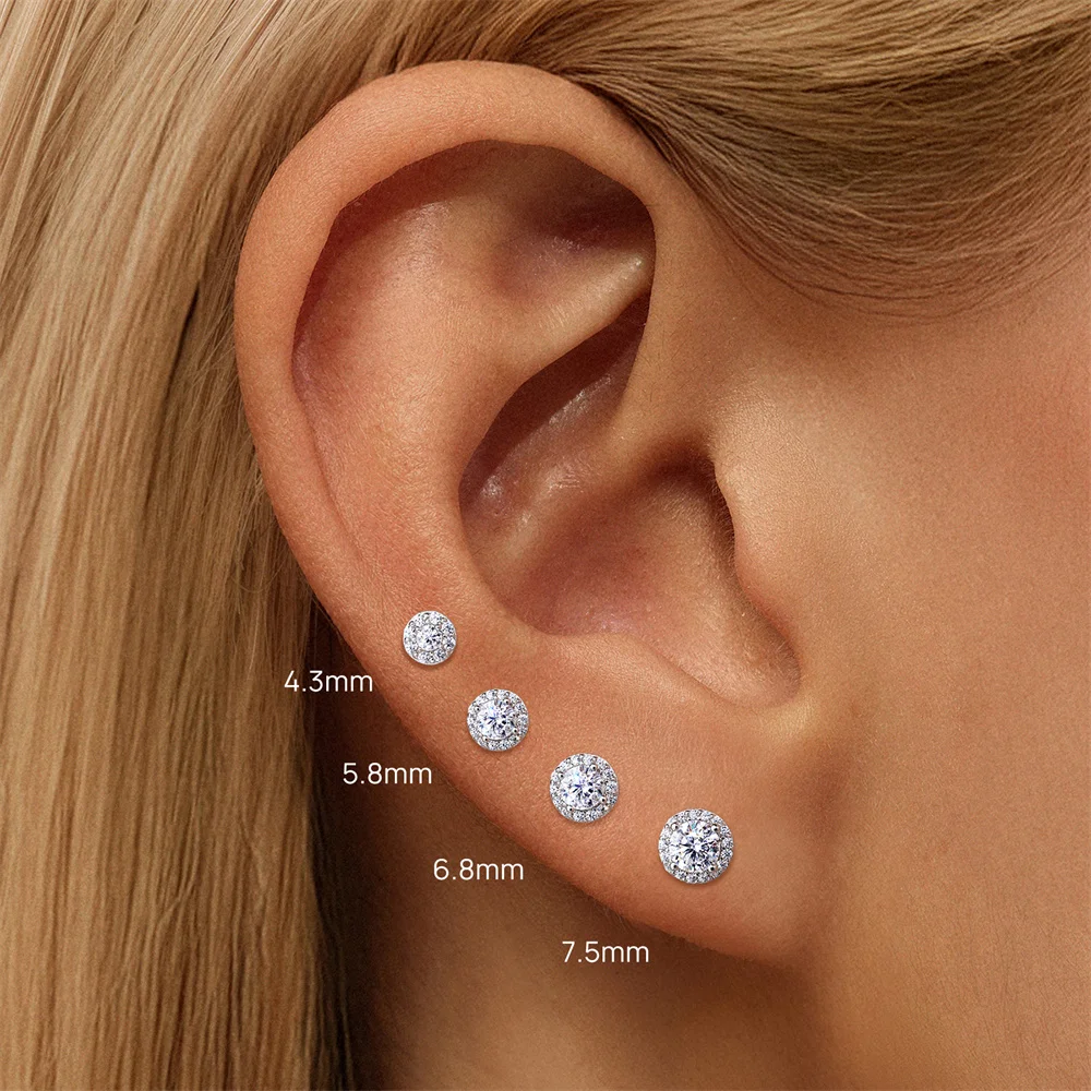 Aide 1 Stück 925 Sterling Silber Moissanit Halo Piercing Ohrstecker mit Schraubverschluss, rund, für Knorpel, 2-4 mm, für Damen und Herren – Detail 23