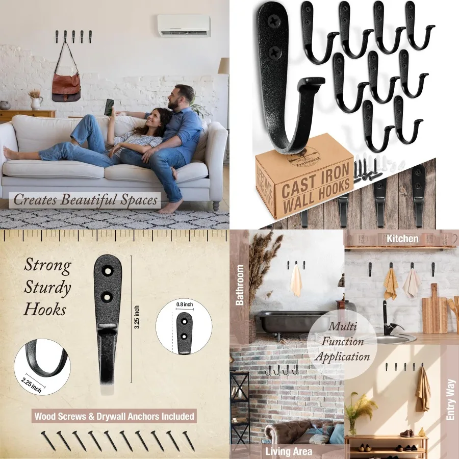 

Чугунные крючки для одежды, 10 шт., настенные ковальные крючки ручной работы для декоративного использования в фермерском доме, настенные крючки в винтажном стиле, идеально подходят для H