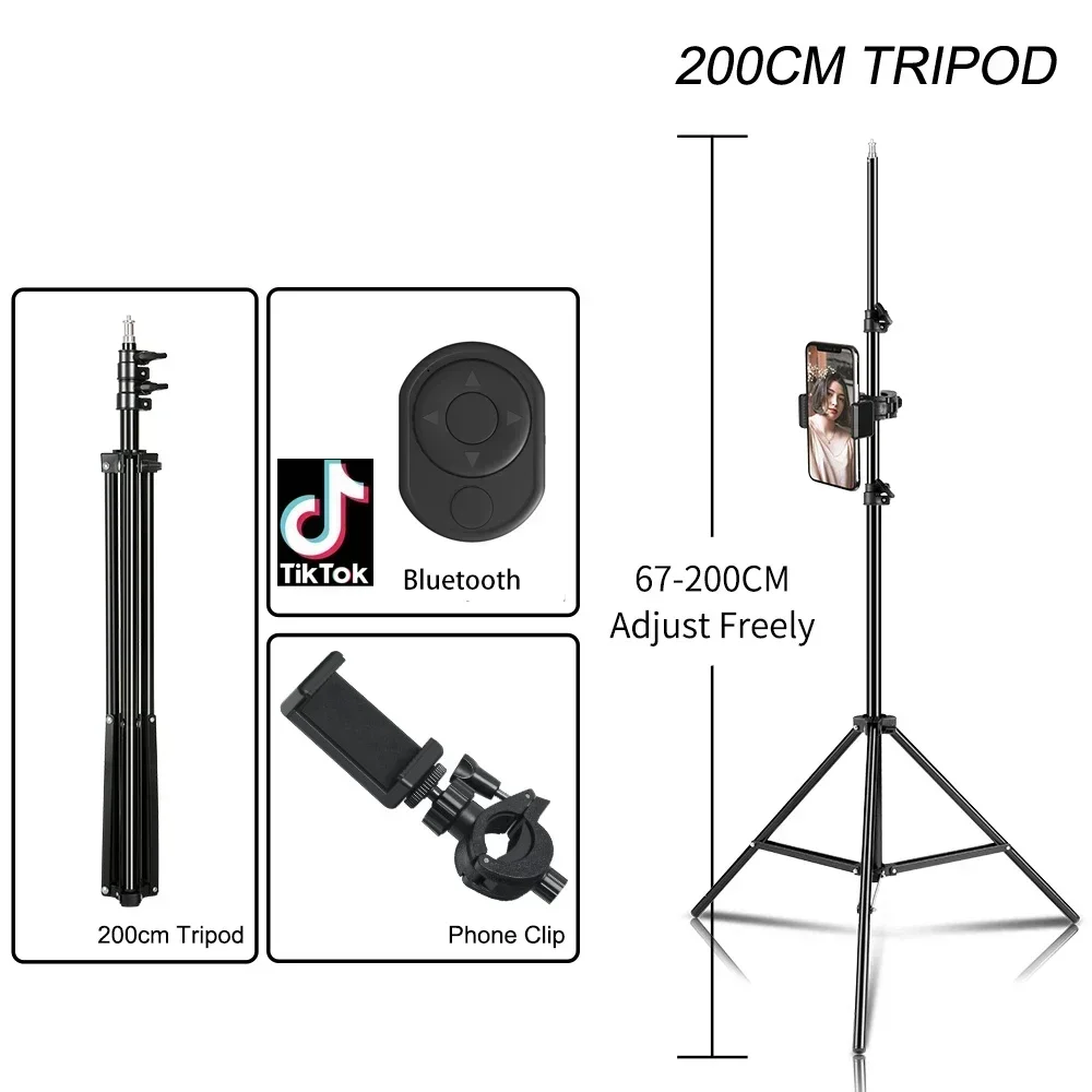 Lichtstativ für Telefonständer mit Clip, Bluetooth-Controller, 100/150/200 cm Selfie-Stativ, Aluminiumhalterung, Digitalkamera-Stativ