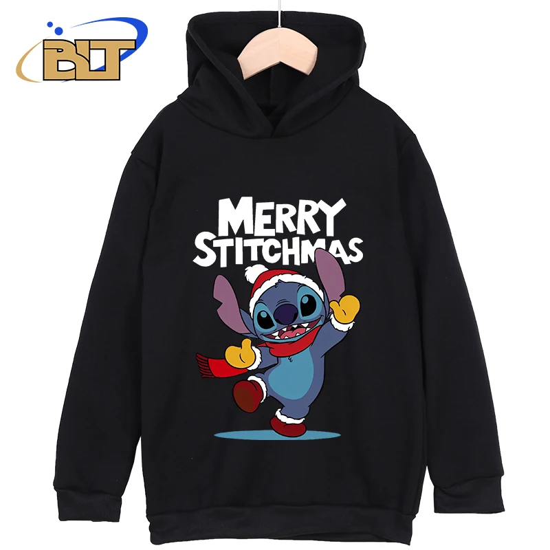 Stitch Christmas Printed Kids Clothing New Kids Hoodies Black Casual Tops Classic Sportswear Suitable for Boys and Girls