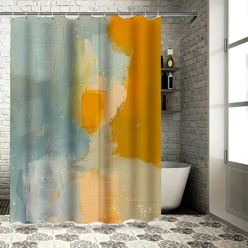 ستارة حمام رسم زيتي تجريدي بألوان زرقاء وأصفر لديكور الحمام ستائر الدش الفنية الحديثة