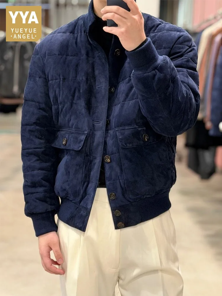 Winter High Quality Mens Genuine Leather Down Coat Stand Collar Vintage Designer Suede Sheepskin Warm Casual Pilot Short Coat