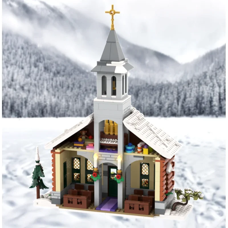 Nuovo modello di edificio MOC serie villaggio invernale cabina alpina chiesa modulare blocchi educativi per bambini regalo giocattolo