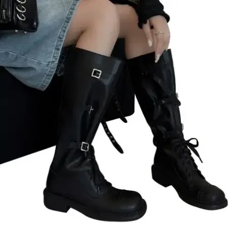 British Style Girls Black Brown Matte Leather Round Toe Lace Up Belt Buckle Med Heels Knee High Boots Women Leisure Long Boots