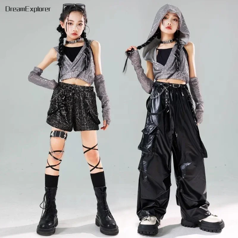 Ensemble de vêtements K-pop Sequin Crop Hoodies pour filles, Streetwear pour enfants, Short de danse de rue, Pantalon cargo en cuir PU, Jupes Hip Hop Jazz, Vêtements pour enfants