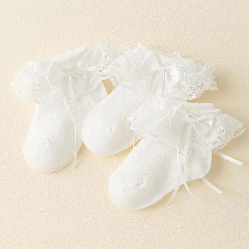 Baby and Toddler Socks, 3 Pairs of Lace and Lace Socks, Girls' Bow Socks, Summer Mesh Breathable Cotton Socks, Sweat-Absorbing