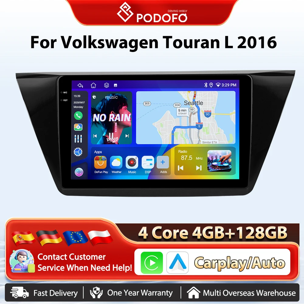 Podofo 8 Core Auto Autoradio Für Volkswagen Touran L 2016 Drahtlose CarPlay Android Auto Multimedia Stereo WIFI GPS 2din radio FM