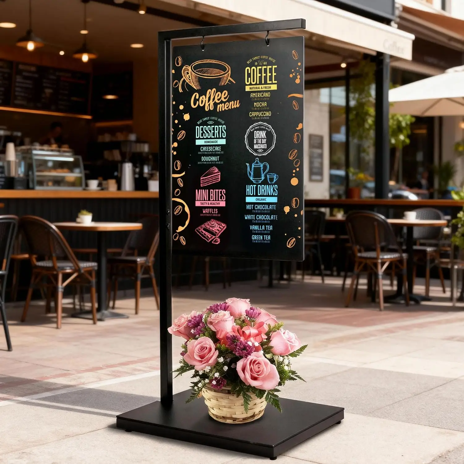 

Двусторонняя меловая доска-табличка на подставке, 43x19 дюймов, подвесная доска для меню для ресторанов, кафе, свадеб, мероприятий на открытом воздухе