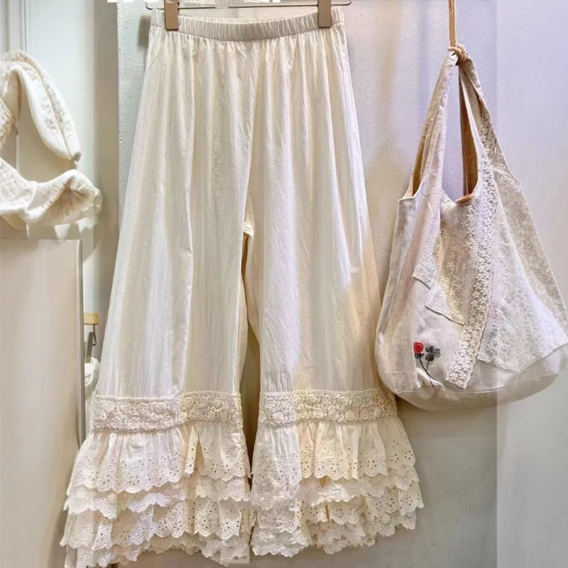 女性のペティパンツアンダードレス弾性ウエストコットンワイドレッグパンツティアードフリルレーストリムルーズロングブルマパンツ