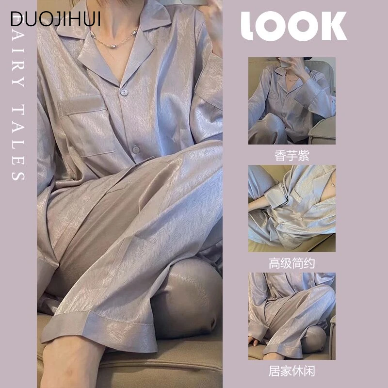 DUOJIHUI Spring Solid Color Two Piece Pajamas for Women Basic Long Sleeve Cardigan Simple Pant Loose Casual Female Pajamas Sets