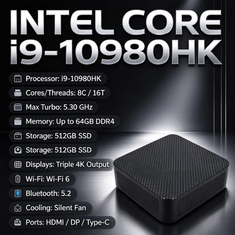 Portable Ultra Fast Mini PC Intel i9-10980HK 16GB RAM Optional 1TB 2TB SSD WiFi Gaming Office Desktop PC