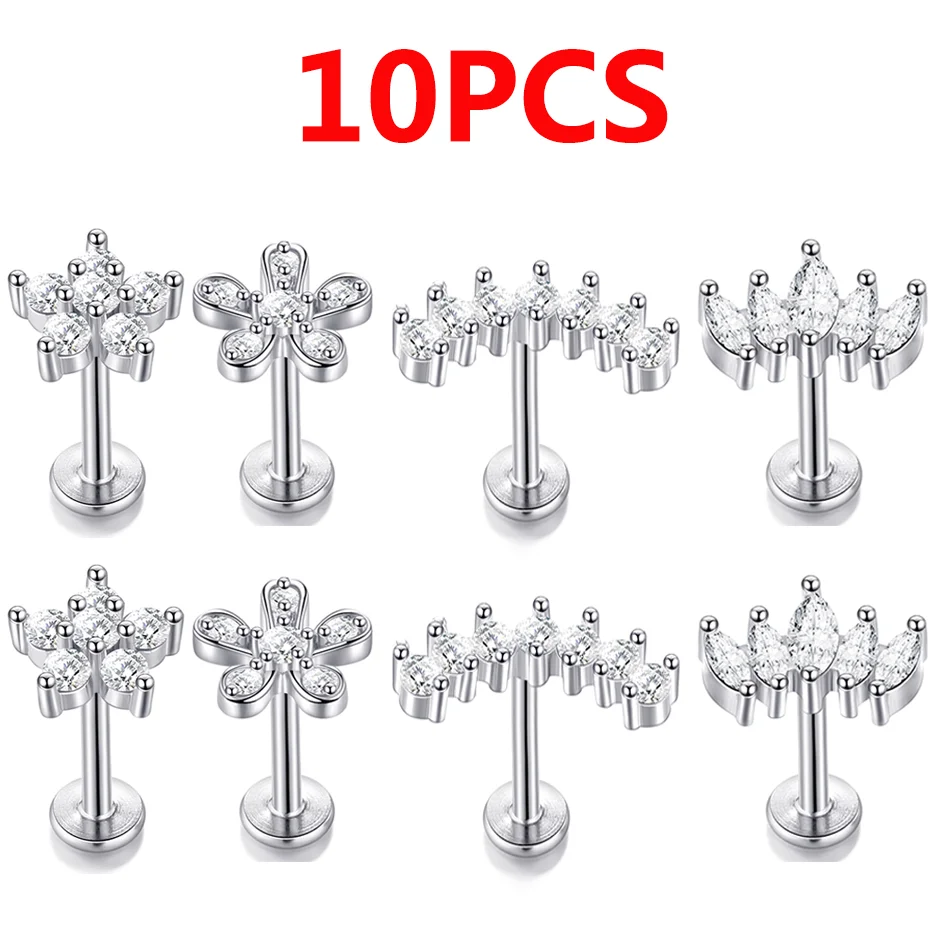 

10pcs Stainless Steel Cross Flower Petal Zirconia Stud Earring for Women Tragus Helix Piercings Labret Lip Stud Brincos