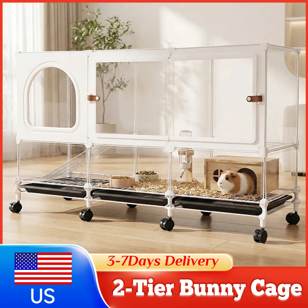 

Металлическая двухъярусная клетка-вилла для кроликов с выдвижным поддоном и колесиками для морских свинок, шиншилл, белок, с туалетом и подстилкой для лап