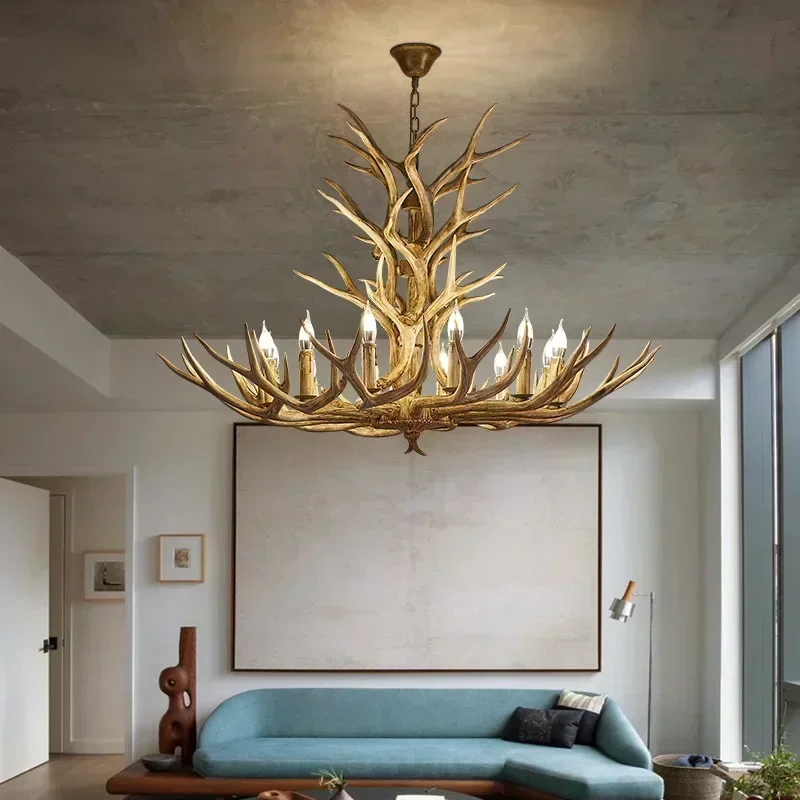 America Style Antler Deer Chandelier for Living Room Loft Large Resin Deer Hanging Lamp Fixture Farmhouse BIg Hanging Light