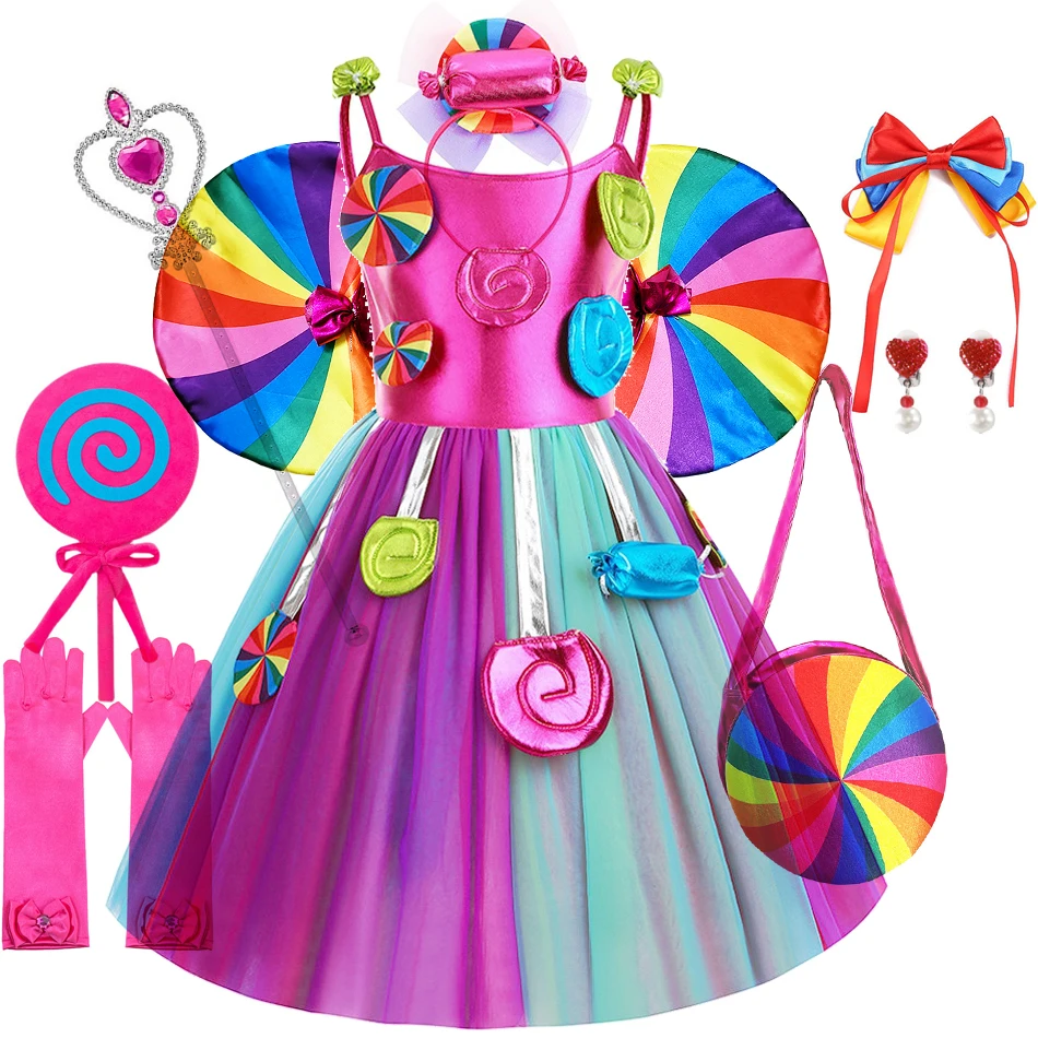 Rainbow Candy Princess Dress Girls Ball Lollipop Purim Costume for Kids with Headband Holiday Birthday Party Clothes Outfits