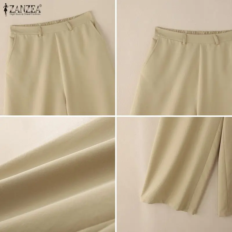ミニマリスト白ワイドレッグパンツ女性カジュアルデイリー弾性ウエスト無地ルーズパンツ夏パラッツォ ZANZEA 女性服