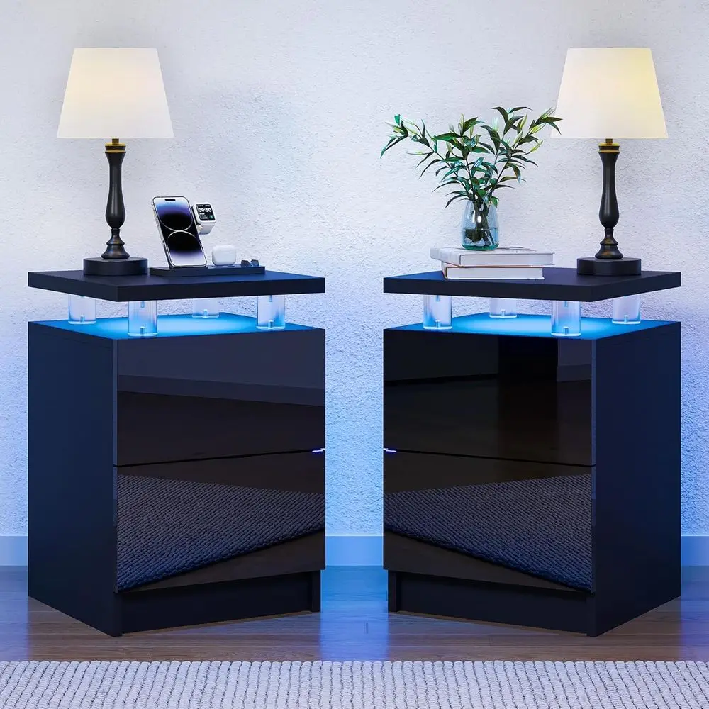 

LED-Illuminated Double Drawer Nightstands, 15 Black, for Bedroom