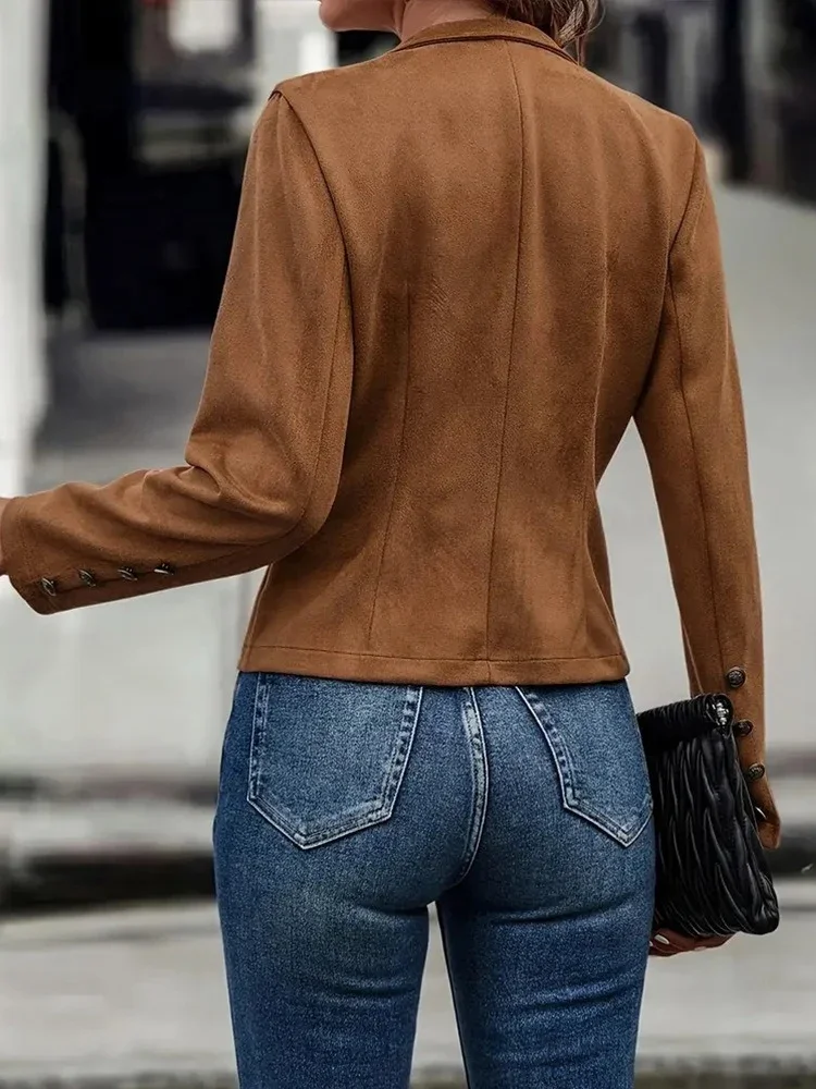 Vintage falso camurça gola jaqueta feminina casaco outono inverno casual aberto frente botão decoração casacos moda feminina jaquetas