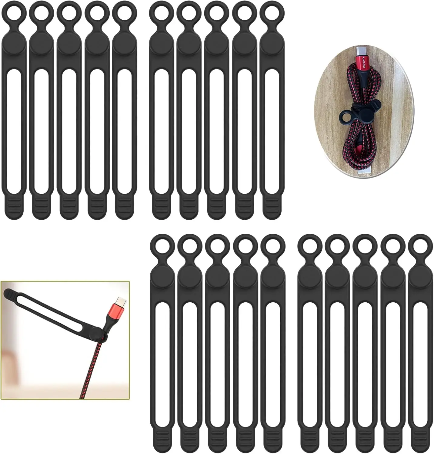 

Reusable Silicone Cable Ties, Elastic Cord Organizer for Home & Office, 20-Pack (Black)