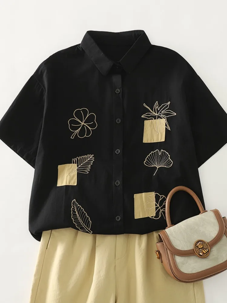 

Ретро-японская вышитая женская блузка с коротким рукавом, летняя, свободного кроя, из льна, скрывающая живот, стройнящая фигуру