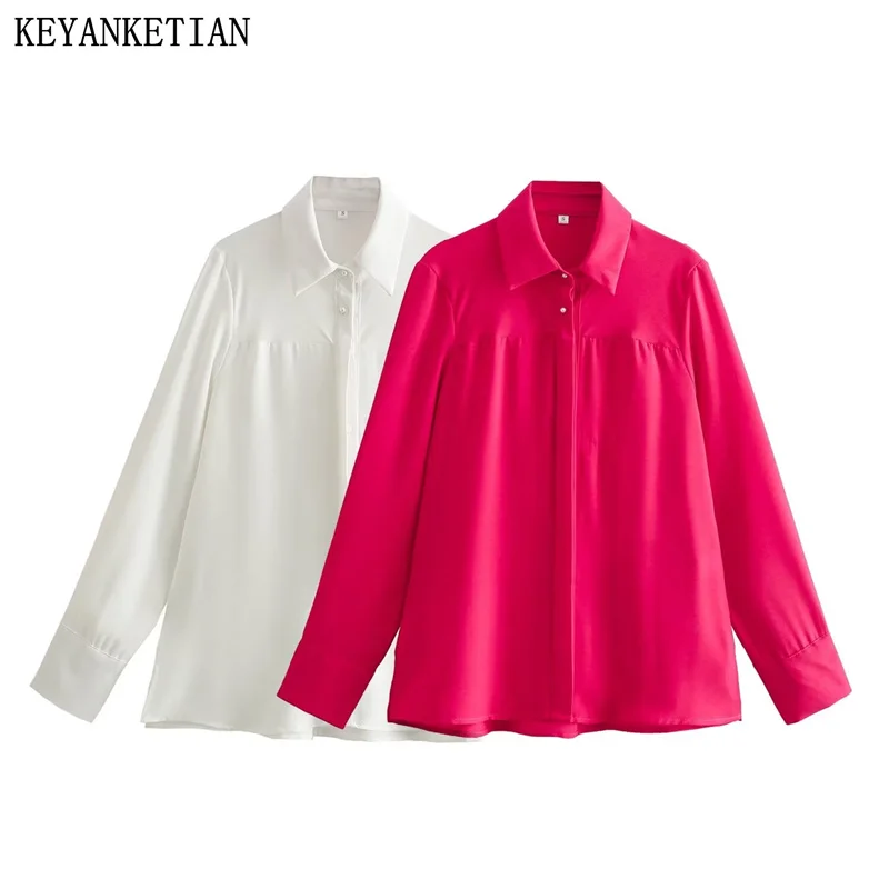 KEYANKETIAN 2024 New Launch Elegant Pearl Buttons Decorate Women Shirt Spring Simply Oversize Loose Long Sleeve Slit Blouse Top