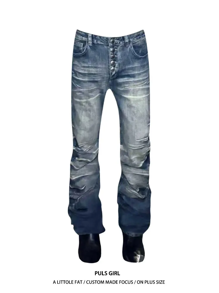 

Low Waist Washed Denim Jeans Women's plus Size Crackled Wave Ruffle Pants Casual Style Loose Fit Four Seasons Universal