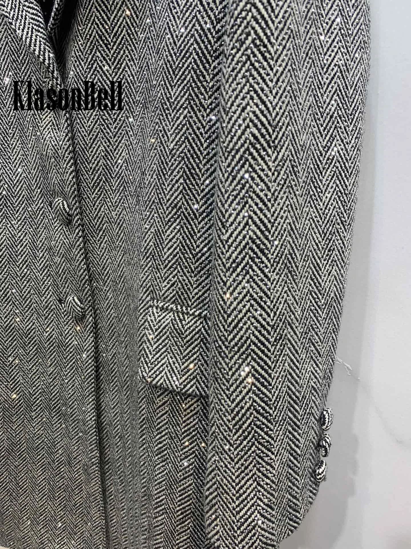 12.20 KlasonBell Women Temperament Elegant Crystal Diamonds Herringbone Lapel Collar Belt Collect Waist Wool Coat