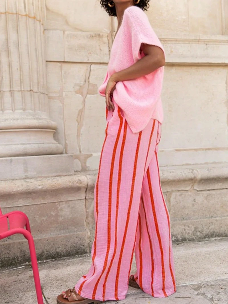 스타일리쉬 레이디 스트라이프 프린트 팬츠 2025 여름 여성 밴딩 허리 캐주얼 루즈 스트릿 핑크 와이드 레그 팬츠