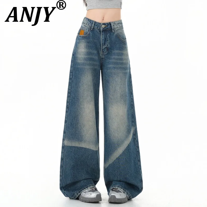 

ANJY Autumn New Women Jeans Washed Denim Slimming Versatile Vintage Stylish Streetwear Casual Floor-Length Wide Leg Pants A10288