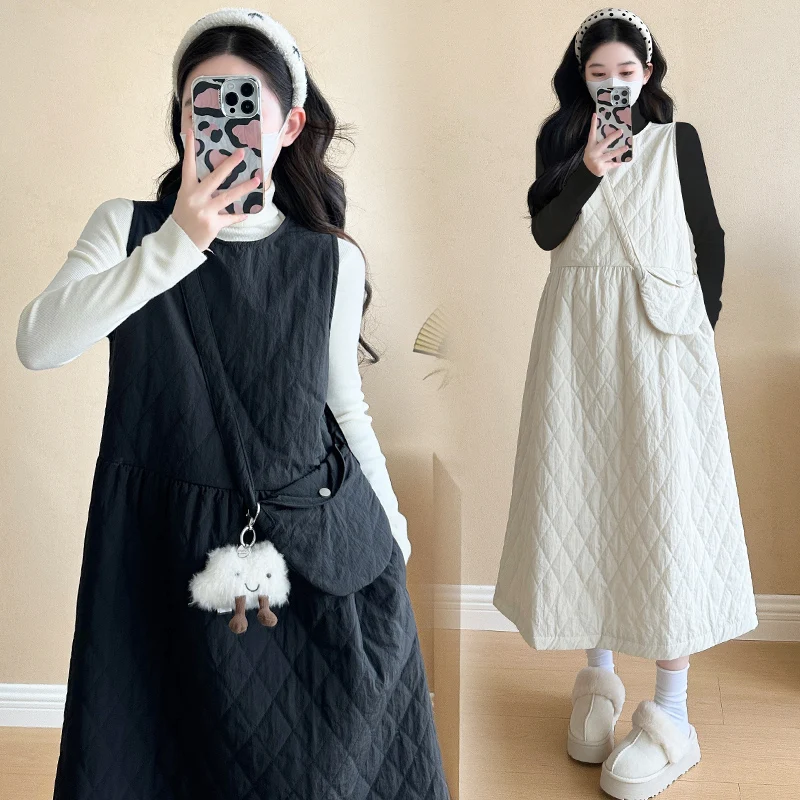 Korean Style Winter Maternity Clothes Set Light Weight Cotton Plaid Tank Dresses+long Sleeve Shirts Pregnant Woman Dress Suits