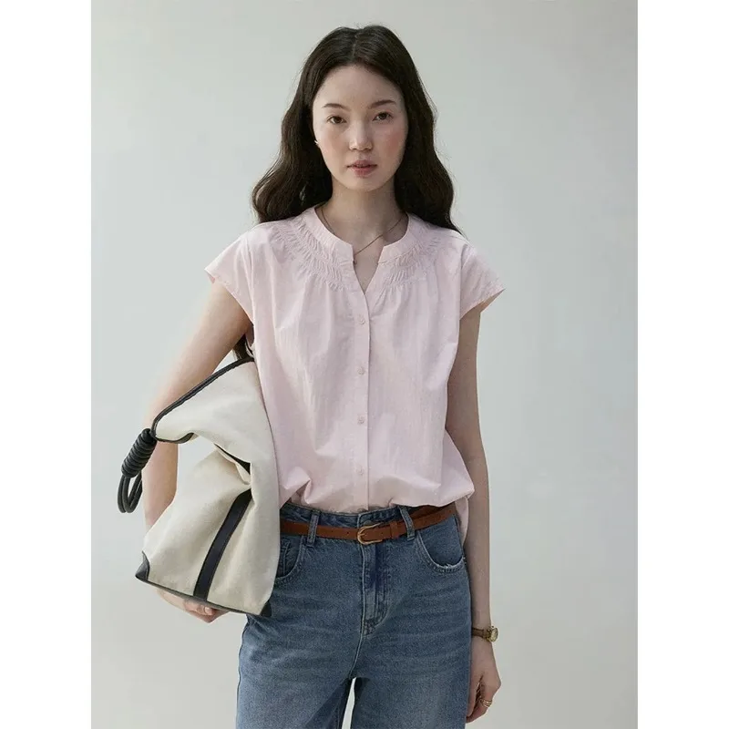 

Women's Pink Round Neck Cap Sleeve Shirt Summer Loose Pleated Casual Commute Top