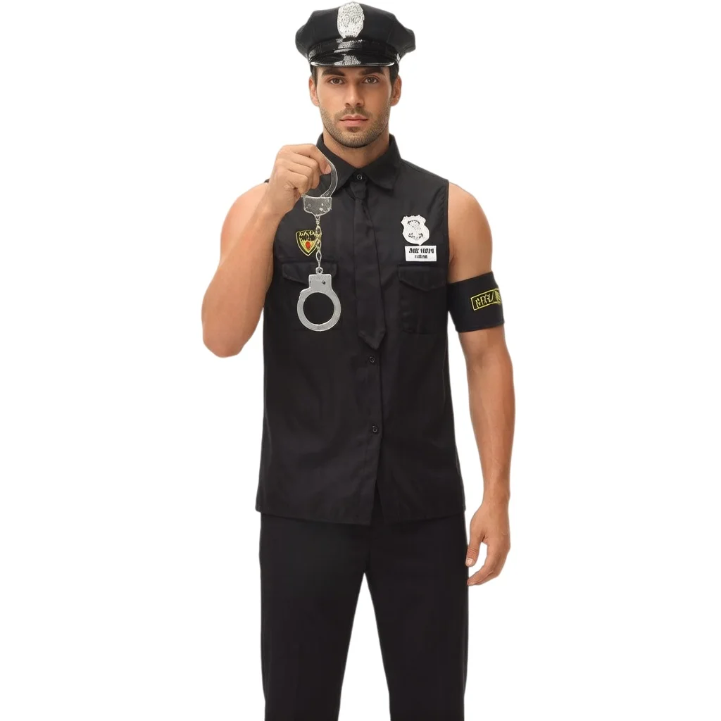 

Police Officer Costume Set For Men - Halloween Cop Cosplay Sleeveless Uniform Set Adult Fancy Cosplay Clothing