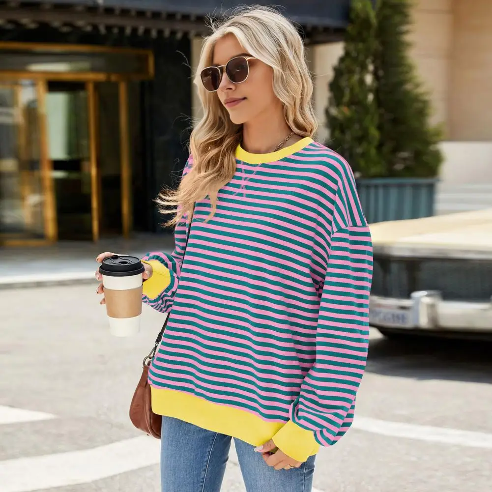 Women Cozy Top Striped Print Women's Sweatshirt with Contrasting Colors Elastic Cuffs Casual Fall Winter Top for Daily Wear