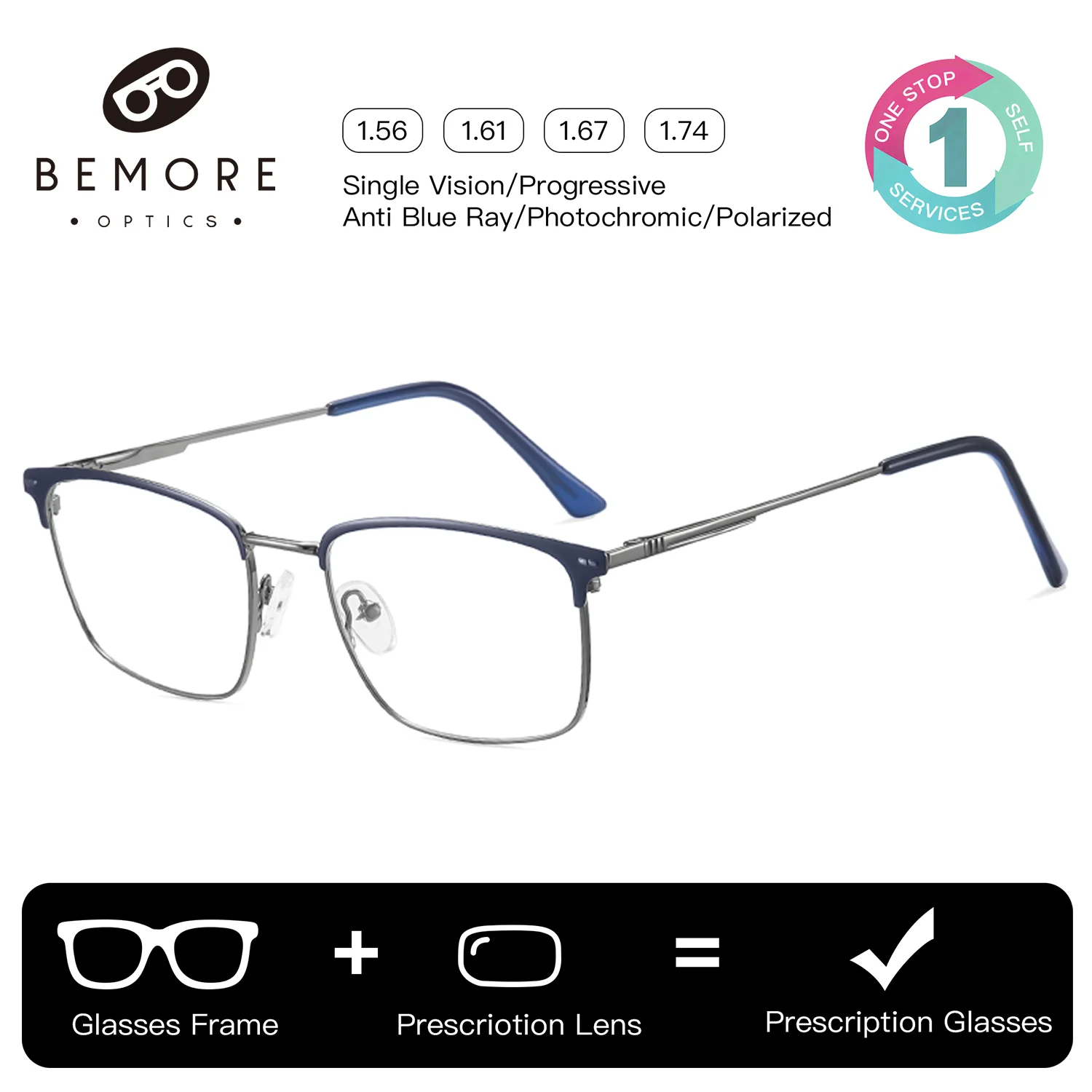bemore-高品質メタルフレーム-眼鏡-ブルーライトカット-スクエア型-アイラインデザイン-近視用累進レンズ-メンズ-リーディンググラス