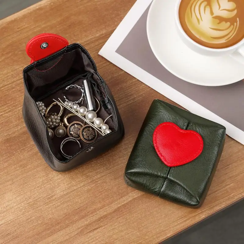 Solid Color Cowhide Heart Coin Purse Multi-function Small Earphone Bag Korean Style Car Key Jewelry Storage Pouch Accessory