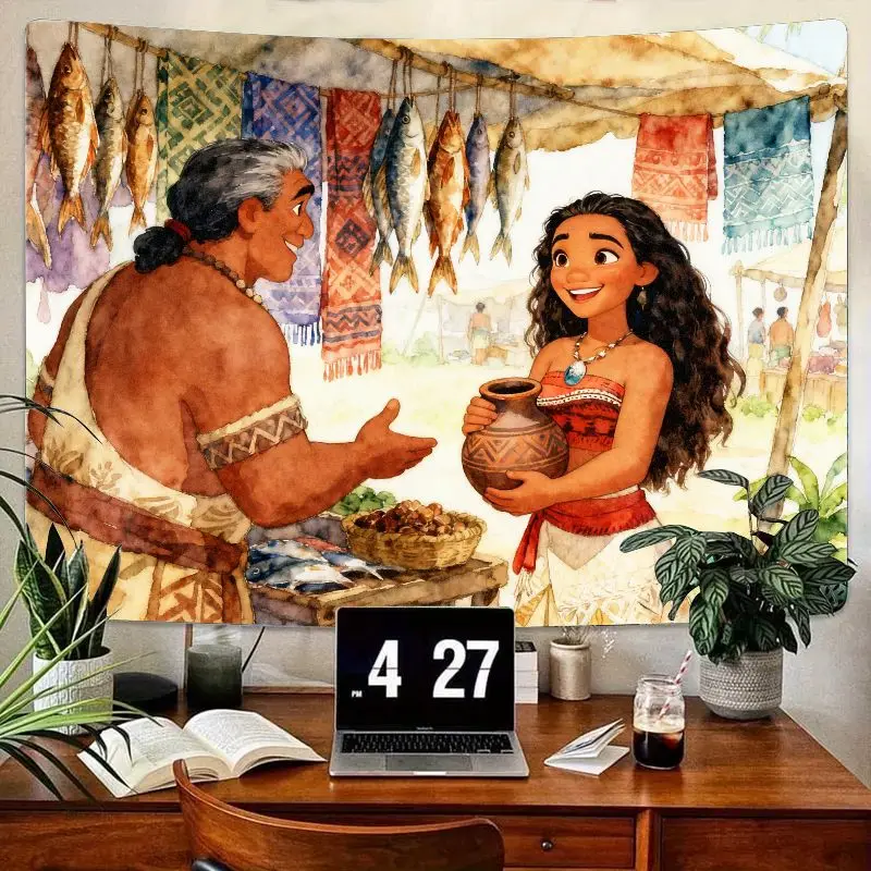 

1 шт. гобелен Disney Moana, яркий настенный художественный декор на рынке острова, полиэфирная ткань для гостиной, спальни, фон, подарок.