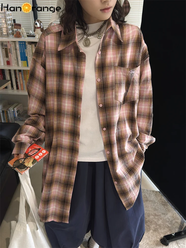 

Рубашка HanOrange 2026 Весна/Лето, женская, свободного кроя, с вышивкой и клетчатыми вставками, розовая