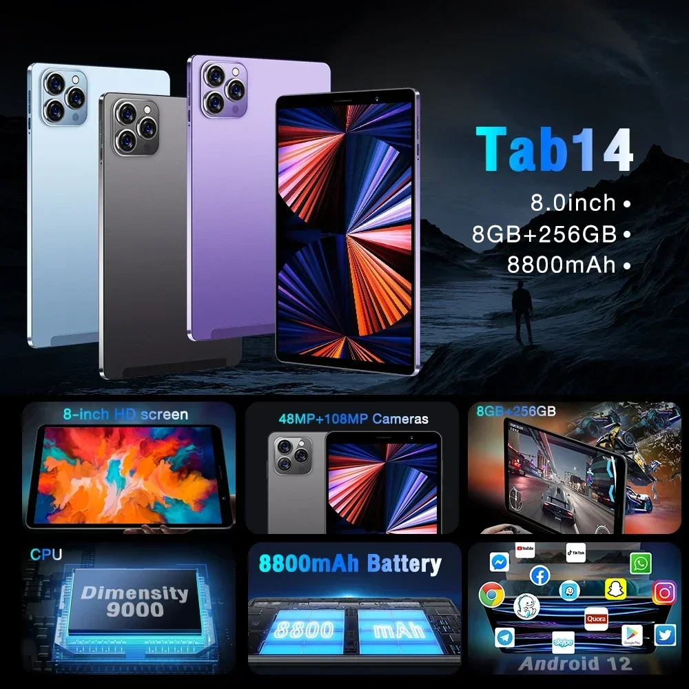 Tab14 - 8.0 inch Android 12 Tablet with 48MP+108MP Cameras and Dual-SIM - Perfect for Gaming and Work, GPS and 8GB RAM