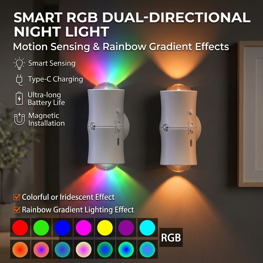

Светодиодный ночник с датчиком движения, RGB, перезаряжаемый, с двумя магнитными головками, настенный светильник для комнаты, прихожей, лестницы, декоративная лампа для создания атмосферы