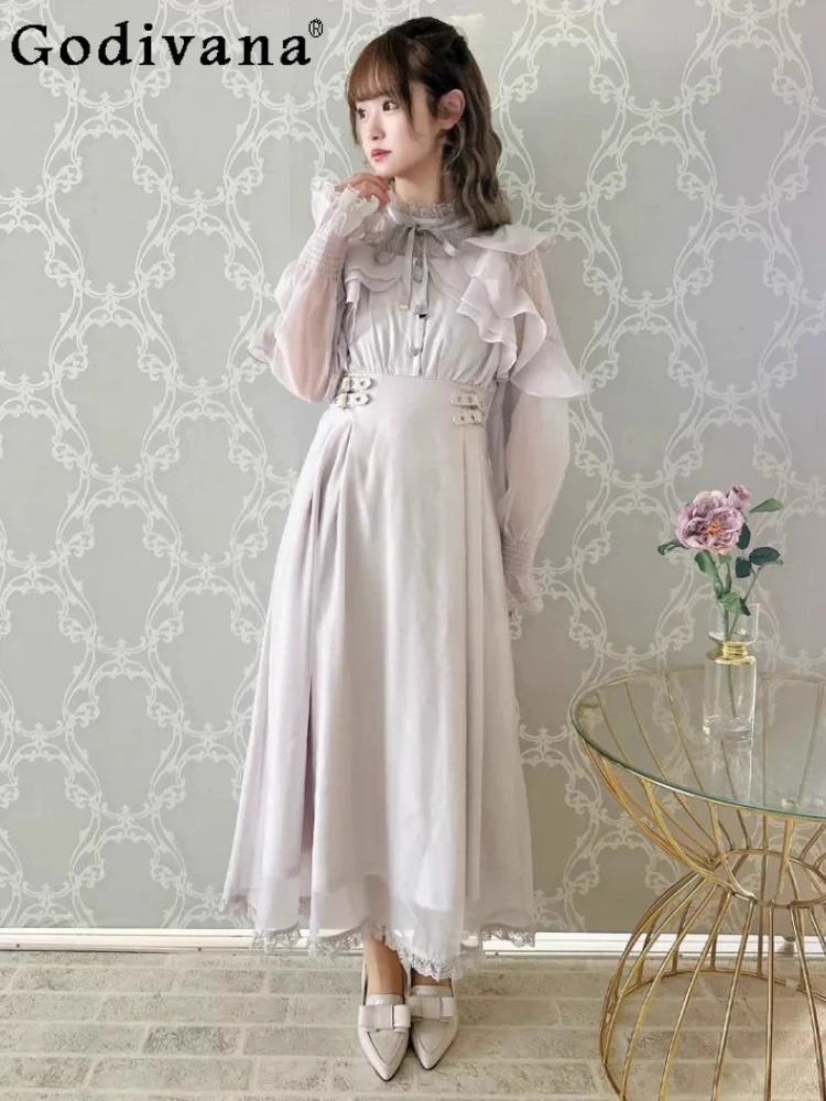 

Japanese Mine Mass-Produced Large Size Long Dresses Spring and Autumn New Women's Sweet Cute Bow Lace Lolita Fairy Dress OP