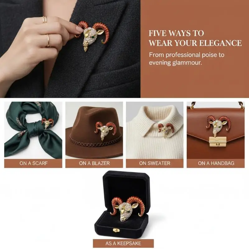 Enamel Goat Head Brooch Fashion Rhinestone Decor Unisex Year of The Sheep Pin Suitable for Lunar New Year Outfit Matching